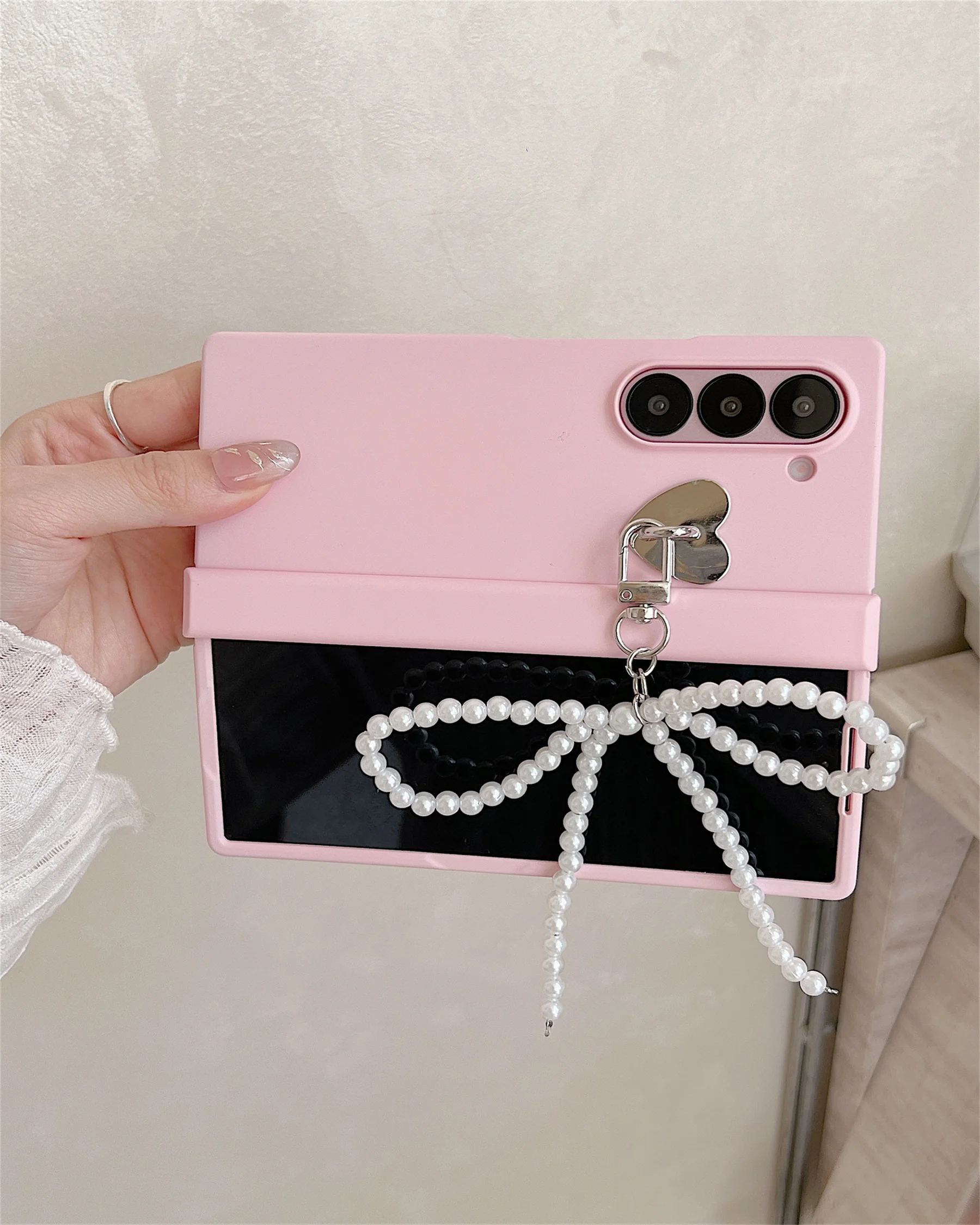 Luxury Simple Pink Phone Case with Pearl Bow Pendant