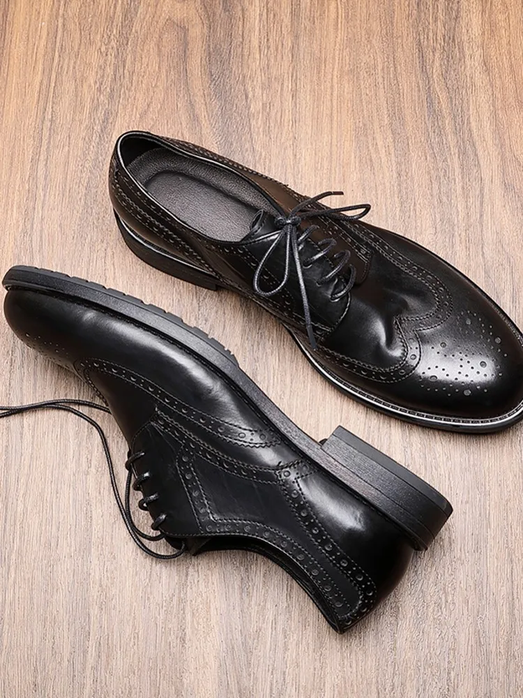 British Style Men Handmade Cowhide Genuine Leather Brogue Wing Tip Business Work Formal Shoes Vintage Groom Wedding Dress Shoes