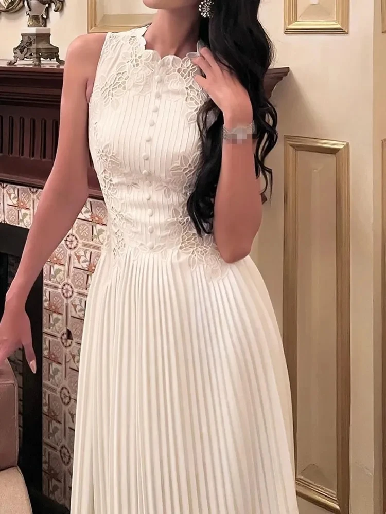 

2023 New Fashion Runway Summer Dress Women Sleeveless White Water Soluble Lace Rose Flowers Embroidery Dresses