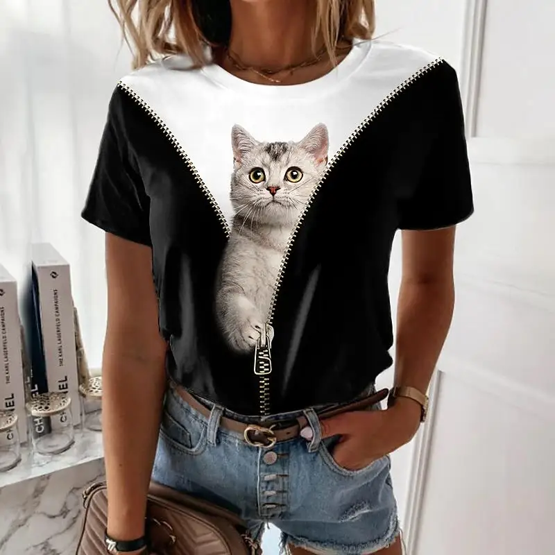 Summer Women T shirt 3D Cat Print Short T Shirt Casual Y2k Top Fashion ...