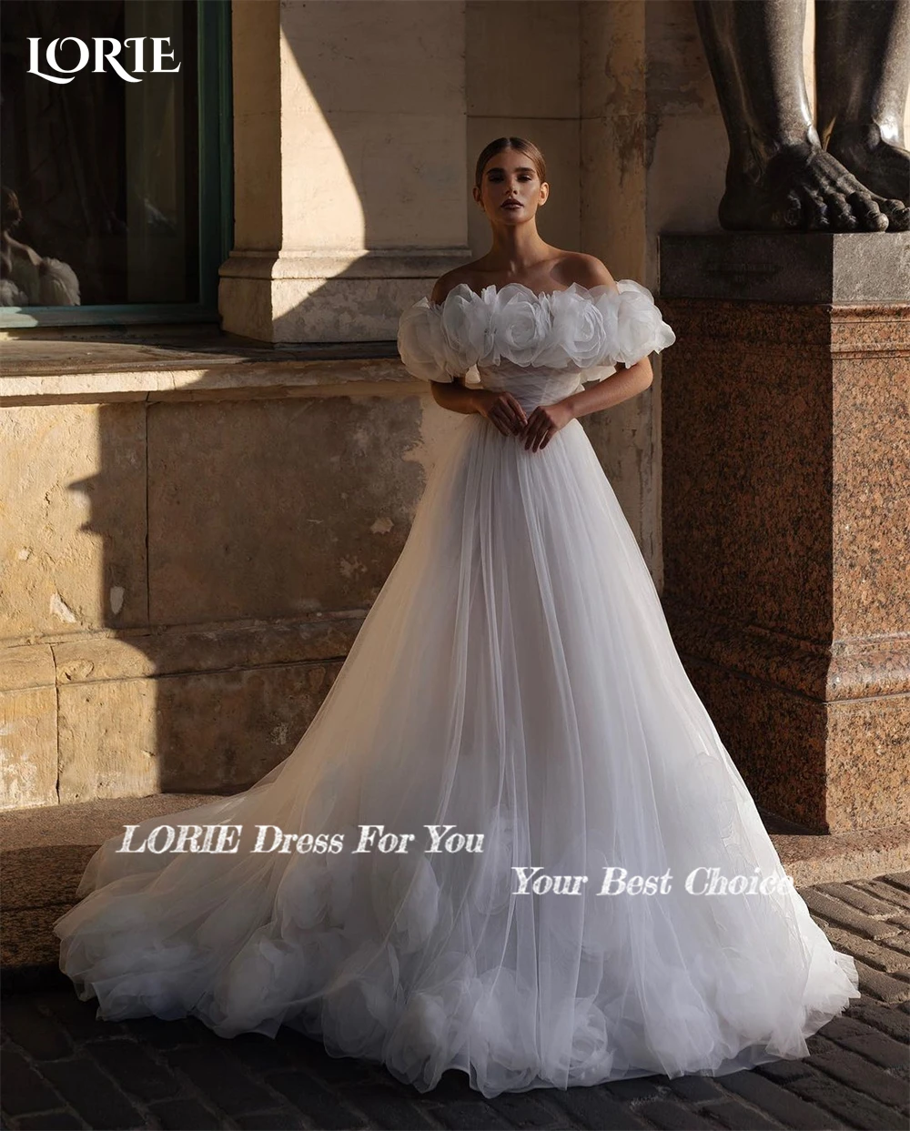 LORIE 3D Flowers Princess Wdding Dresses Ruched Off Shoulder A-Line Pleats Bridal Gowns Backless Train Bride Dress  Customized 3