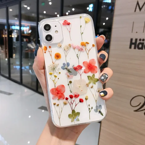 Glitter Real Dry Pressed Flower Phone Case For iphone 12 11 13 pro XS MAX x SE XR 7 8 plus Transparent Silicone Cover