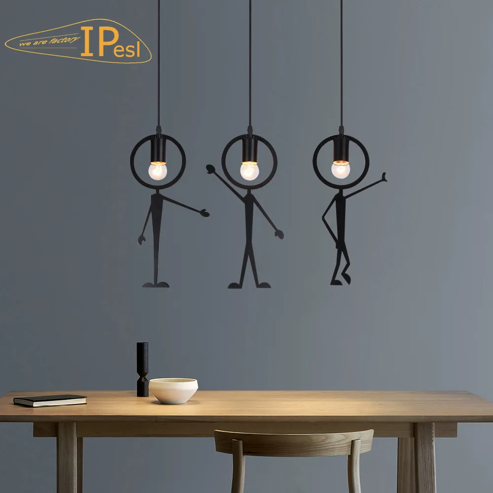 Vintage Iron Little Man Modern Arts Chandelier LED Ceiling Lamp led chandelier ceiling chandelier led pendant light Children Bedroom Black Decora bedroom girl Pendant Lights