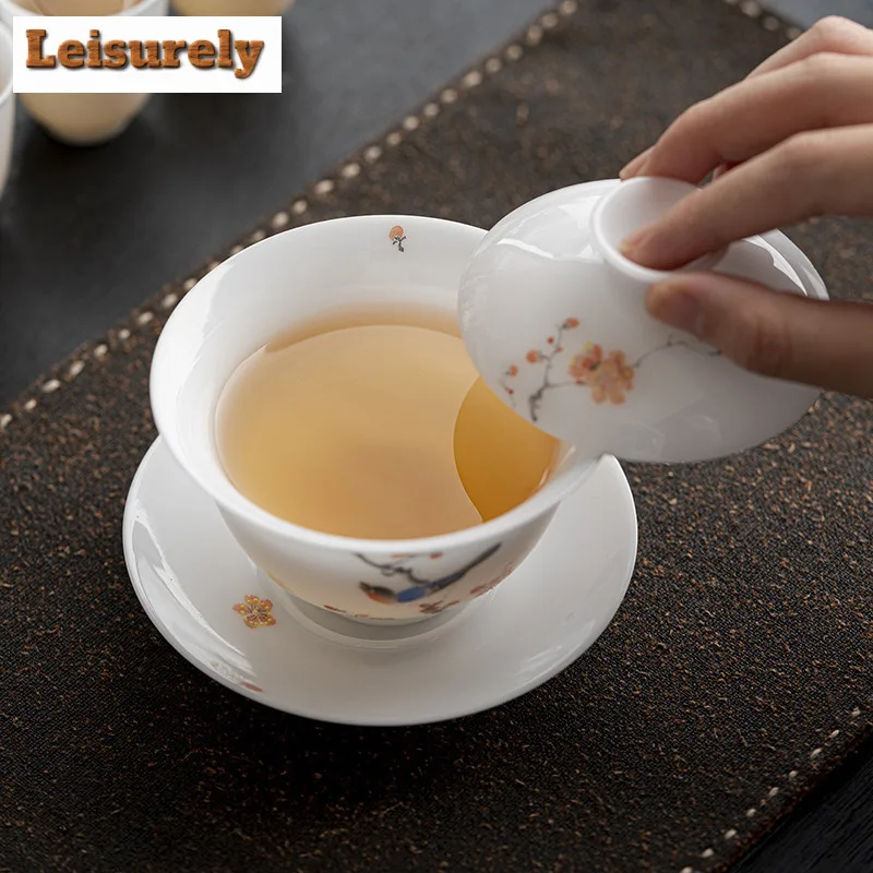 135ml White Jade Clay Gaiwan Ancient Hand-painted Flower Anti-scald Tea Tureen Tea Maker Cover Bowl Drinkware Supplies Ornaments