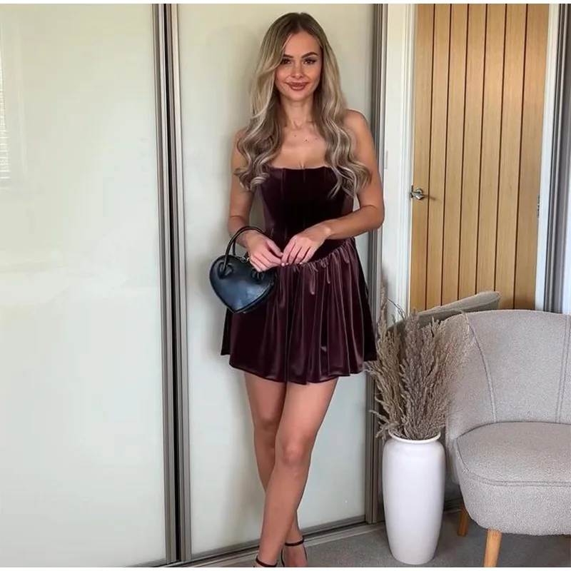 Fashion Velvet Sling Mini Dress Women Square Collar Sleeveless Backless A-line Zipper Party Dresses Elegant Lady Vestidos