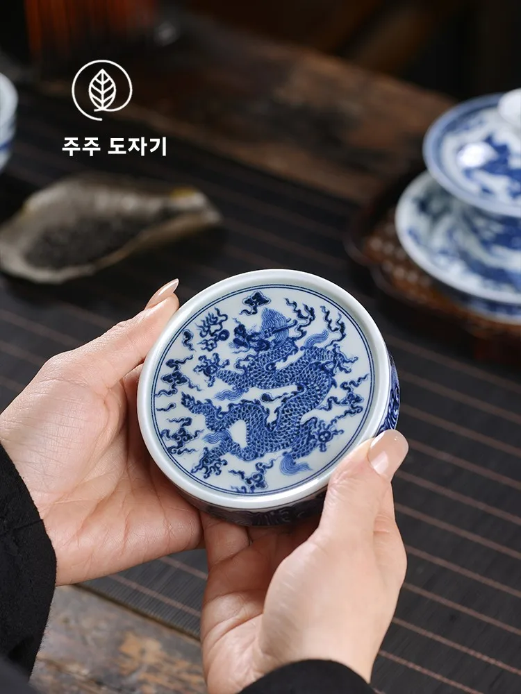 파란색과 흰색 용 무늬 차 받침대 작은 보라색 점토 냄비 뚜껑 홀더 홈 다도 용..