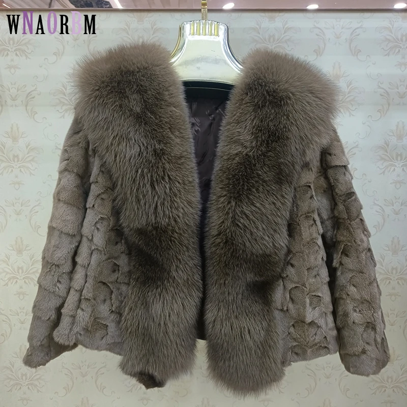 Winter women's short 100% real mink coat fox fur collar natural fur fashion short fur fur coat Mink fur material splicing 2022 women real mink fur coat stand collar full pelt natural mink fur jacket genuine fur coats natural overcoat winter luxury