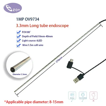 1MP diameter, 3.3mm long tube, FOV80︒ industrial endoscope suitable for industrial pipeline inspection, IP67 protection. 1