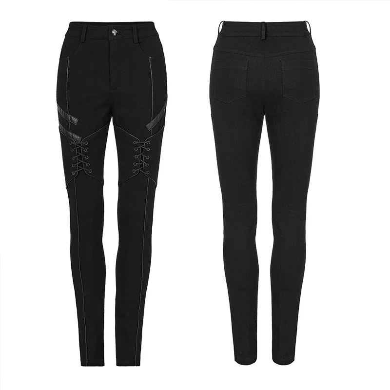 PUNK RAVE Women\'s Punk Daily Tight Fit Jeans Spliced Faux Leather Personality Black Pants Women Drawstring Design