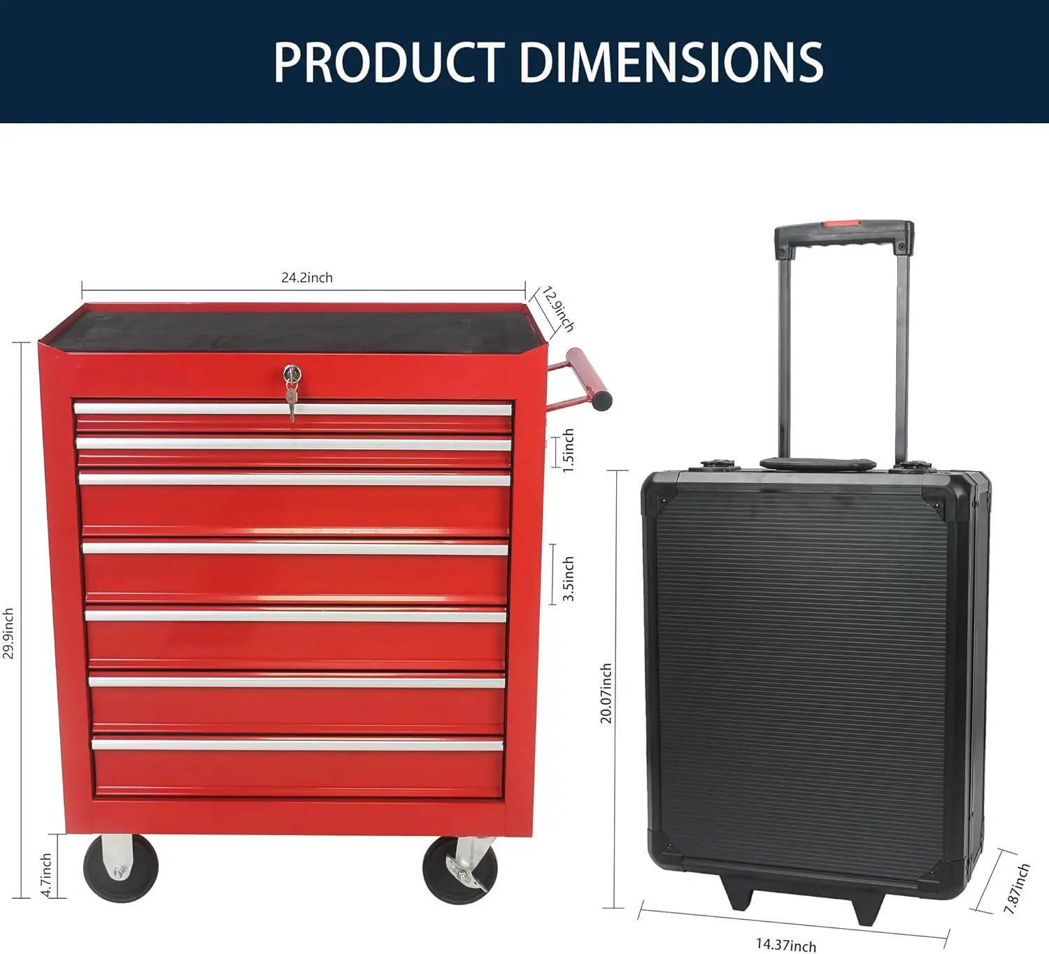 7 Drawers Rolling Tool Chest & Hand Box with Tools,Box with Wheels Pull Handle Key Locking,Complete Tool Kit with 4 Layers 2