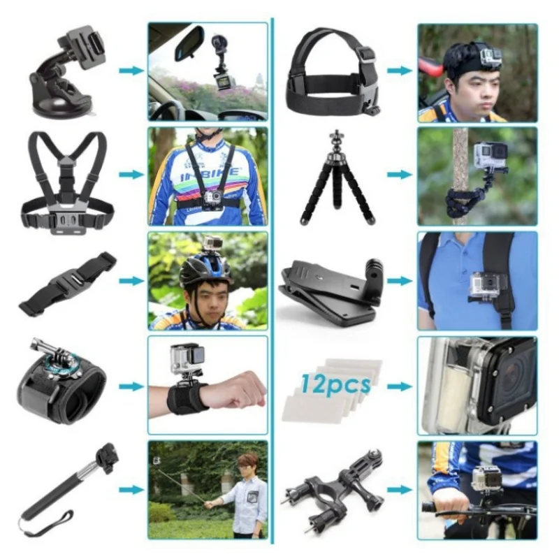 Kit 50 en 1 Accessoires Caméra Action pour GoPro Hero 12/11/10/9/8/7/6/5/4, DJI, Insta360