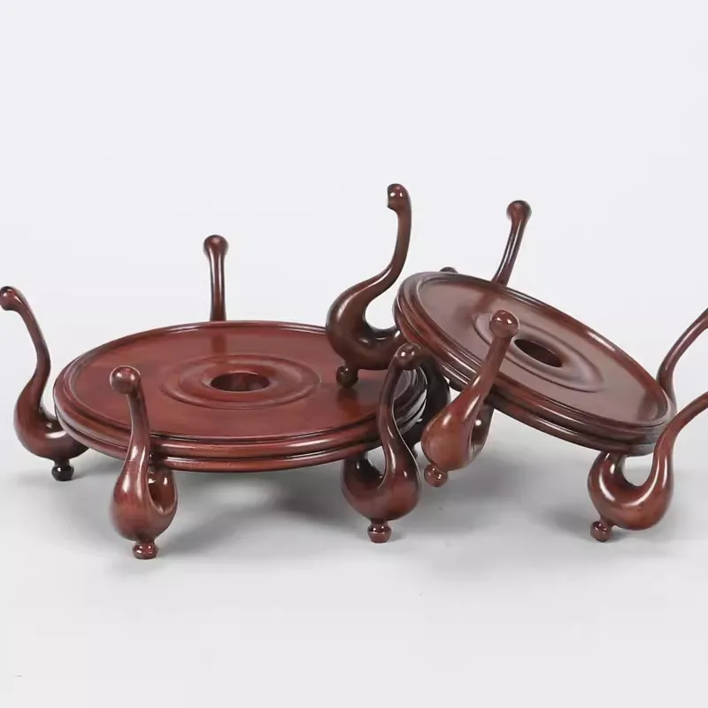 Red wood carving swan Shape Bonsai Pot Vase base solid wooden circular jade stone base of ceramic furnishing article