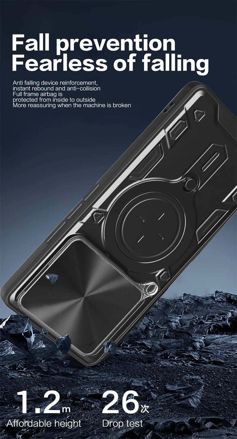 Enhanced Slide Lens Protect Phone Case with Armor Magnetic Holder and Ring Back Cover