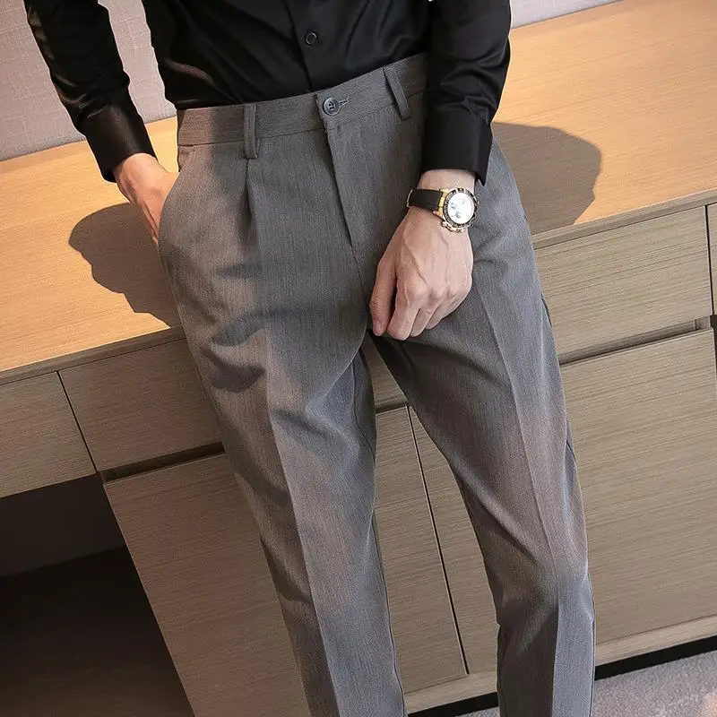 Spring and Autumn Fashion Casual Business Korean Edition British Style High Waisted Slim Fit Dark Striped Cropped Suit Pants