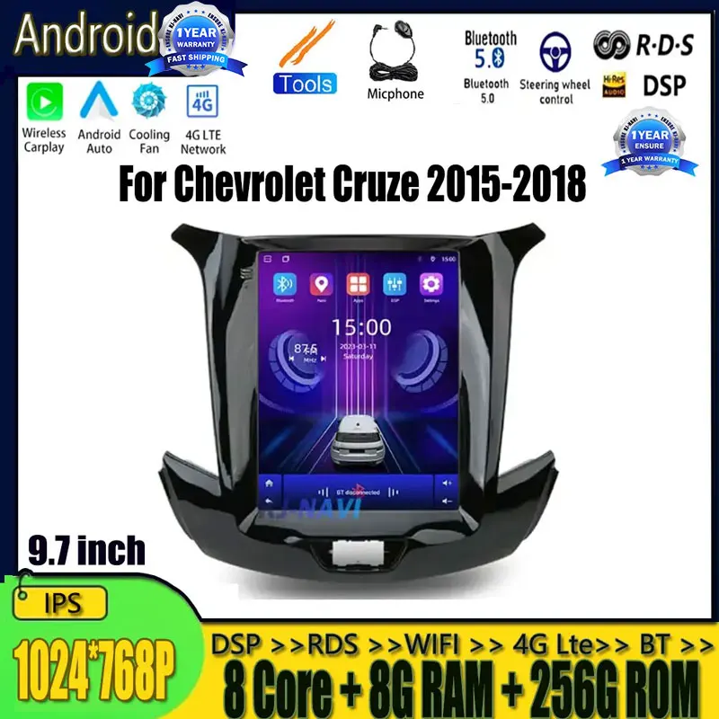 Radio Estéreo con GPS para coche, reproductor Multimedia de vídeo con Android 14, 9,7 pulgadas, 4G, Lte, 2DIN, unidad principal, para Chevrolet Cruze 2015-2018
