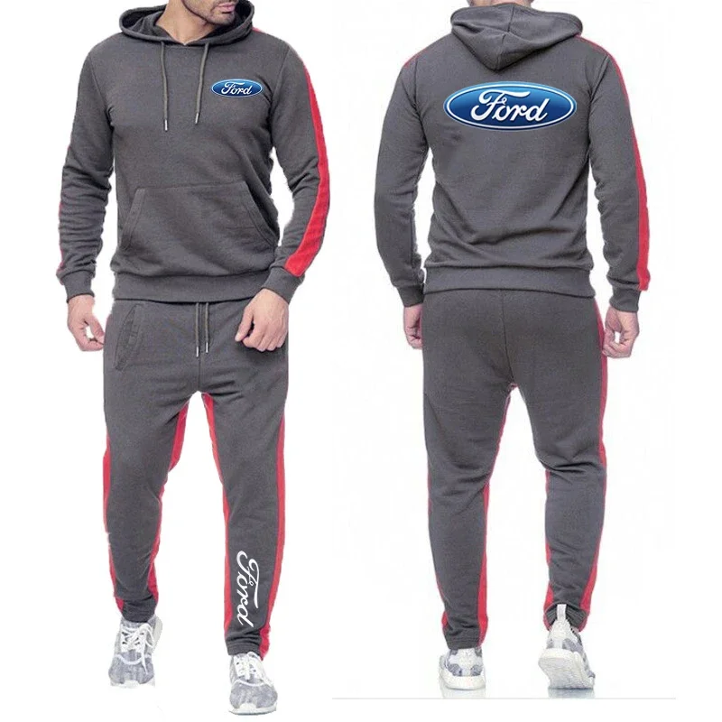 

2024 Ford Logo Print Spring Autumn Men's High-Quality Leisure Sports Hooded Pullover+Outdoor Running Sweatpants Solid Color Sets