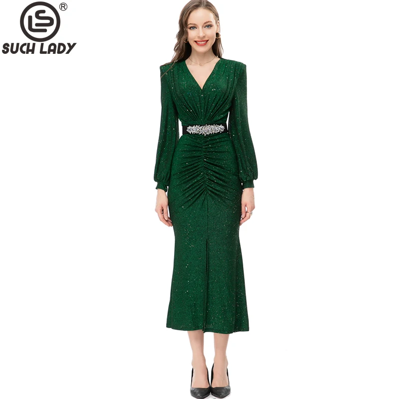 

Women's Runway Dresses Sexy V Neck Long Sleeves Ruched Sheath Fashion Split Vestidos