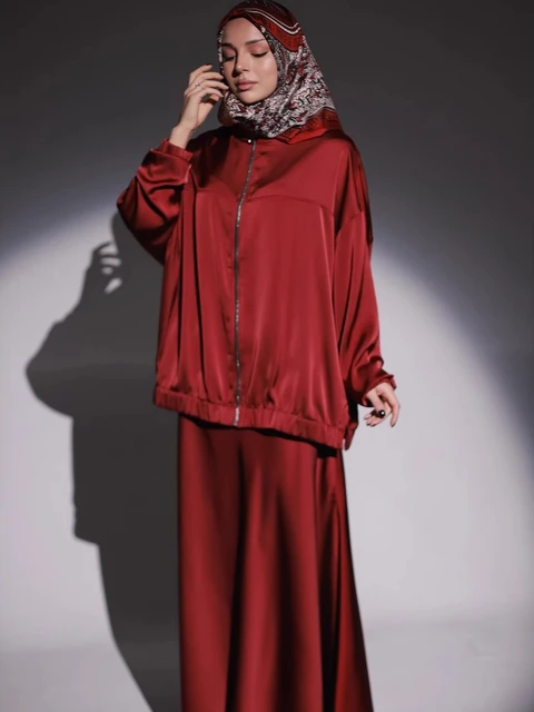Robe musulmane Satin 2 pièces ensemble femmes fête Abaya Musulman Ensembles arabe longue Robe dubaï caftan robes Jalabiya Ramadan Eid
