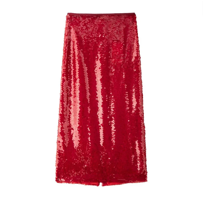 Sequins Red Christmas Sequin Skirts For Women Shiny Split Loose High Waist Straight Skirt 2025 Spring Party Y2K Streetwear New
