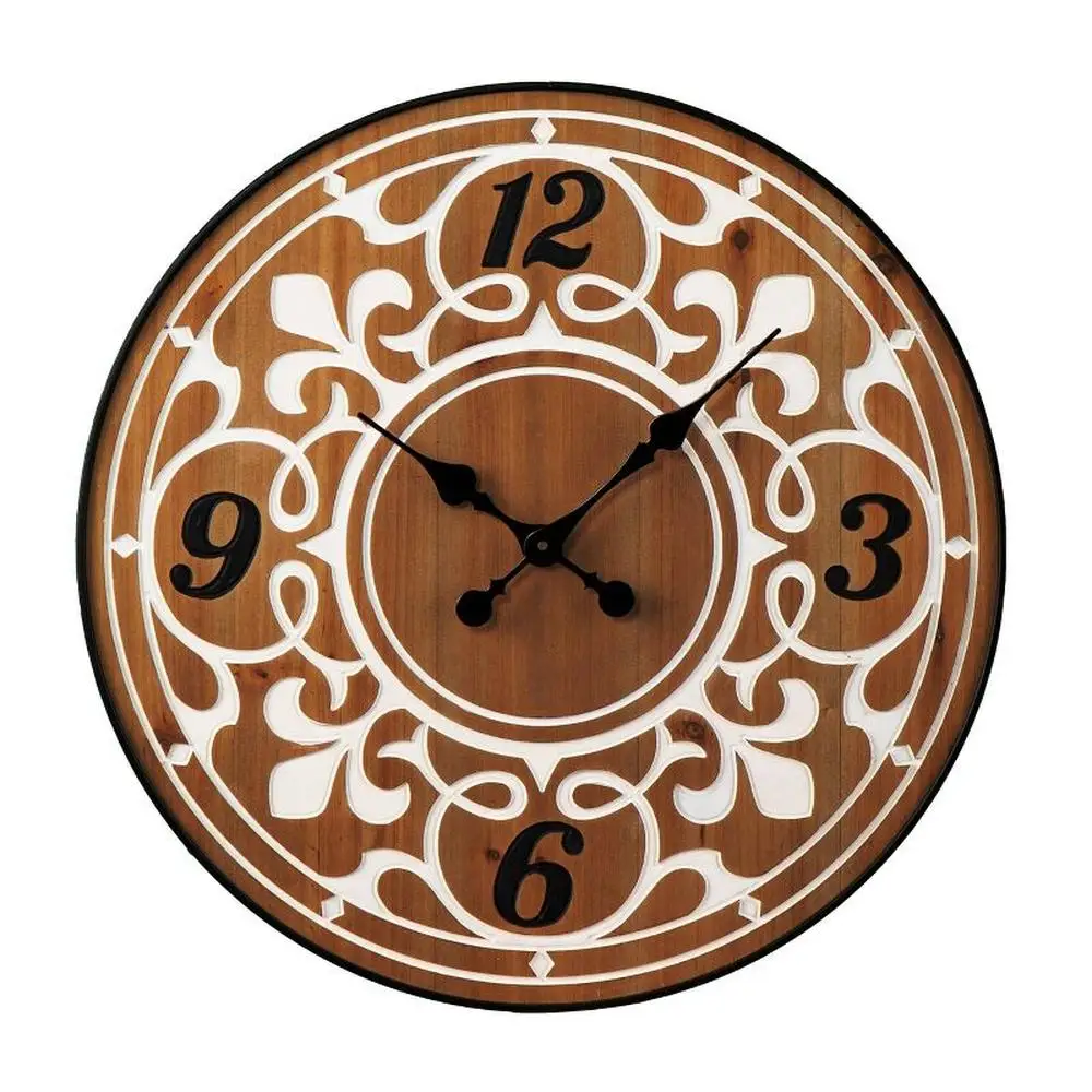 

Round Wall Clock with Fleur-de-lis Accents Natural/White 23.5" Decorative Numbers Functional Statement Piece Rustic Style Wood