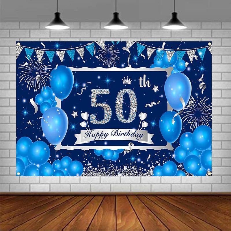 

50th Birthday Party Photography Backdrop Banner Blue For Men Women Navy Blue Silver Balloons Background Decor Supplies