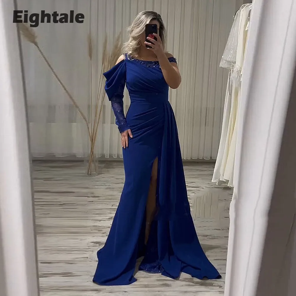 

Eightale Royal Blue Evening Dress Beaded One Shoulder Side Slit Formal Prom Party Dress Satin Formal Occasion robe de soirée