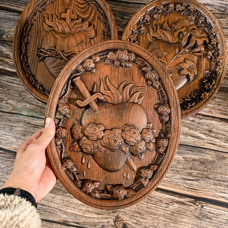 Holy Family Three Hearts Wall Decoration, Wood Carving, Sacred Heart of Jesus, Sacred Heart of Mary, Joseph