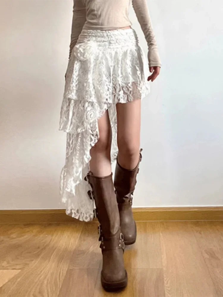 

Французские элегантные Асимметричные кружевные юбки, Женская винтажная мини-юбка с цветочным принтом Y2k, женское облегающее длинное платье с эластичной талией