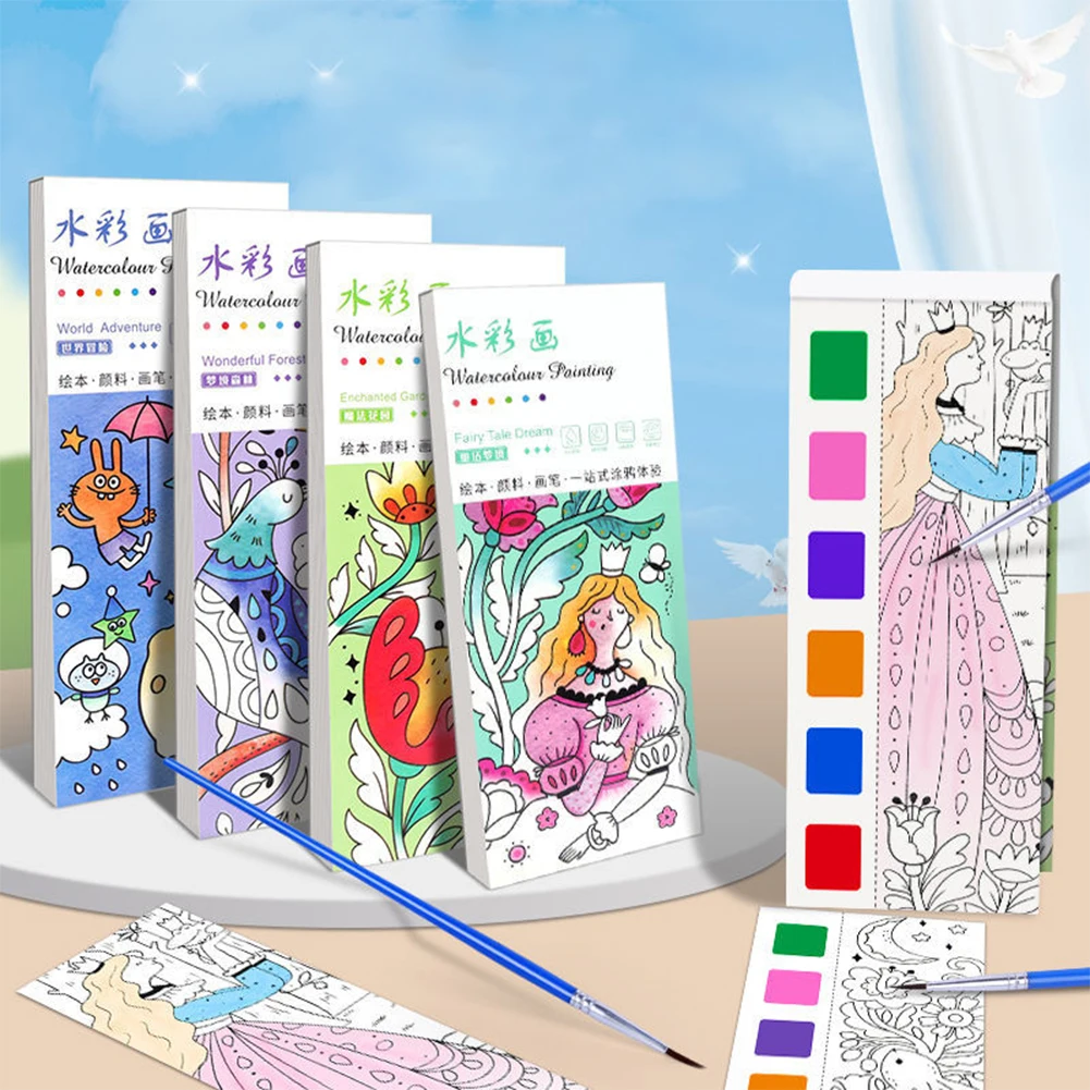 Description Picture 2 of itemPortable Watercolor Painting Book 12 Sheets Coloring Book with Paint Brush Gouache Book Kids Graffiti Picture Drawing Stationery