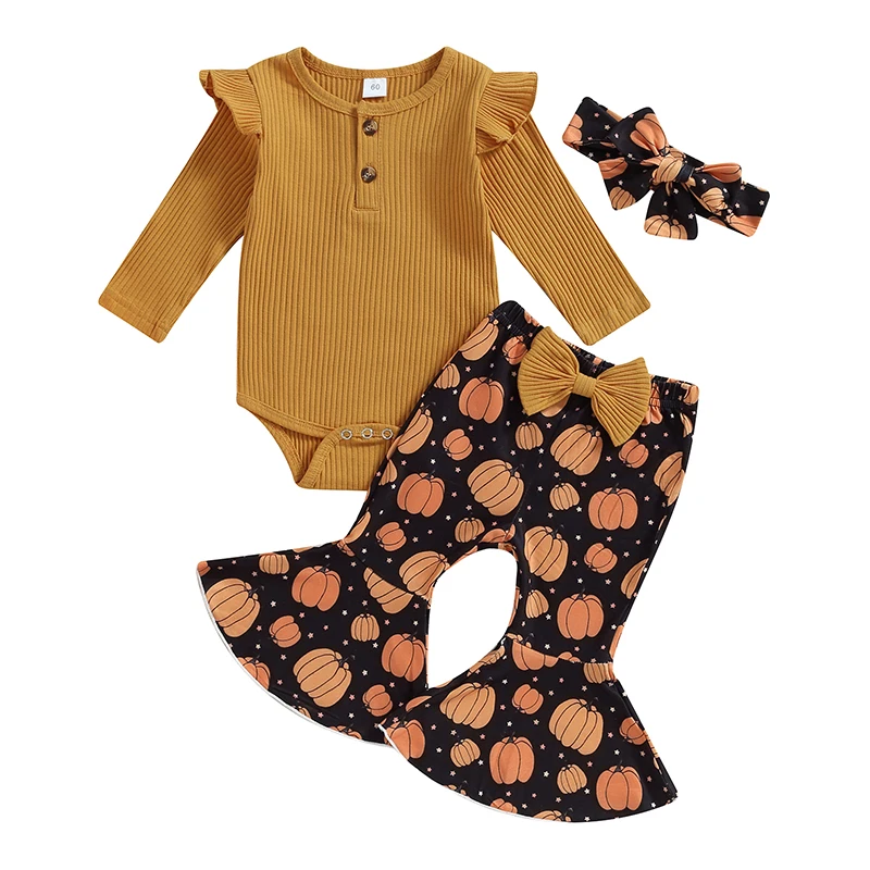 

Baby Girls 3 Pieces Outfits Long Sleeves Romper and Pumpkin Print Flared Pants Headband Fall Clothes