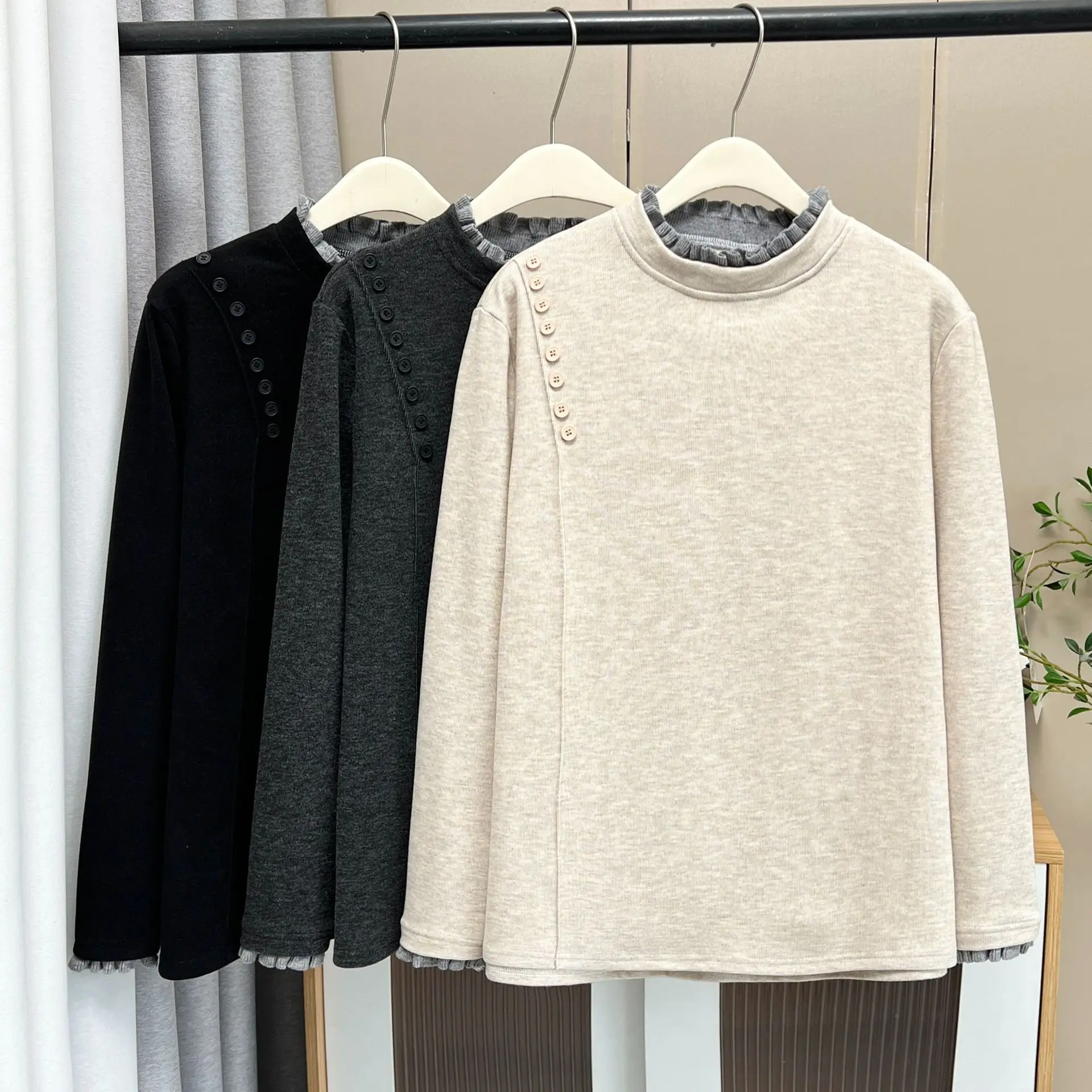 XXXXL Fashion Plus Size Women's T-Shirt New Autumn And Winter Fleece Warm Block Color Ruffled Collar Long Sleeved Basetops 831
