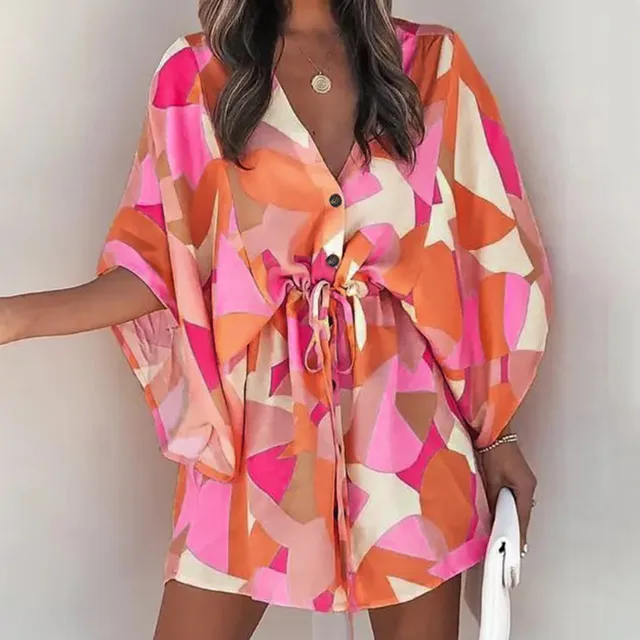 Womens Floral Neck Knot Front A Line Short Sleeve Cloak Sleeve Dress Women's Summer Beach Style Vacation Dress Above Knee - Image 4