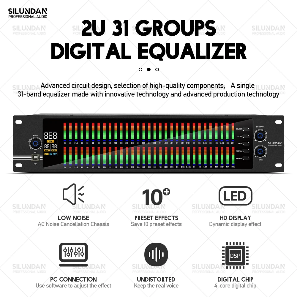 Professional DJ System New Graphic Equalizer 2U Dual 31 Bands Audio Digital Effect DSP Processor Stage Home Karaoke With Squelch