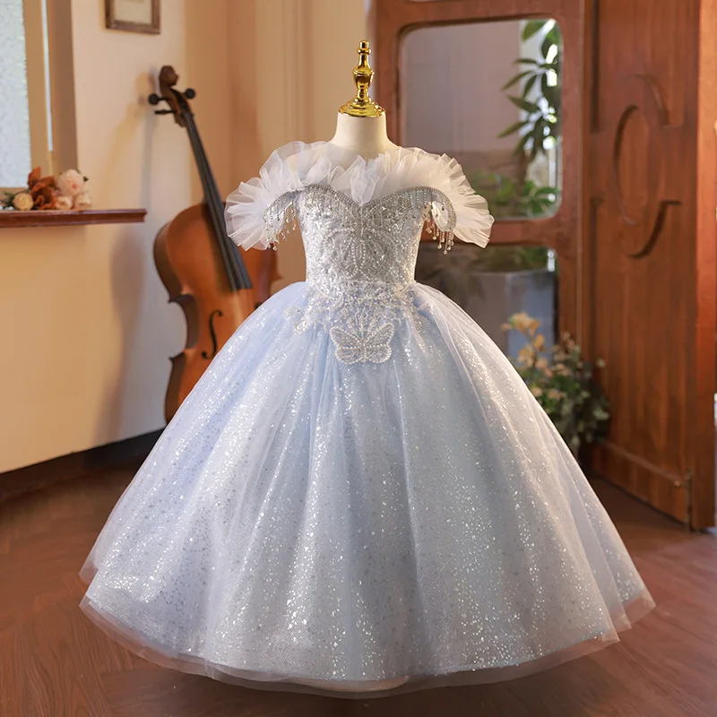 

Luxury Shining Flower Girl Dress for Wedding Off the Shoulder Beaded Pearls Girls Birthday Gown Pageant Dress Size 1-14T