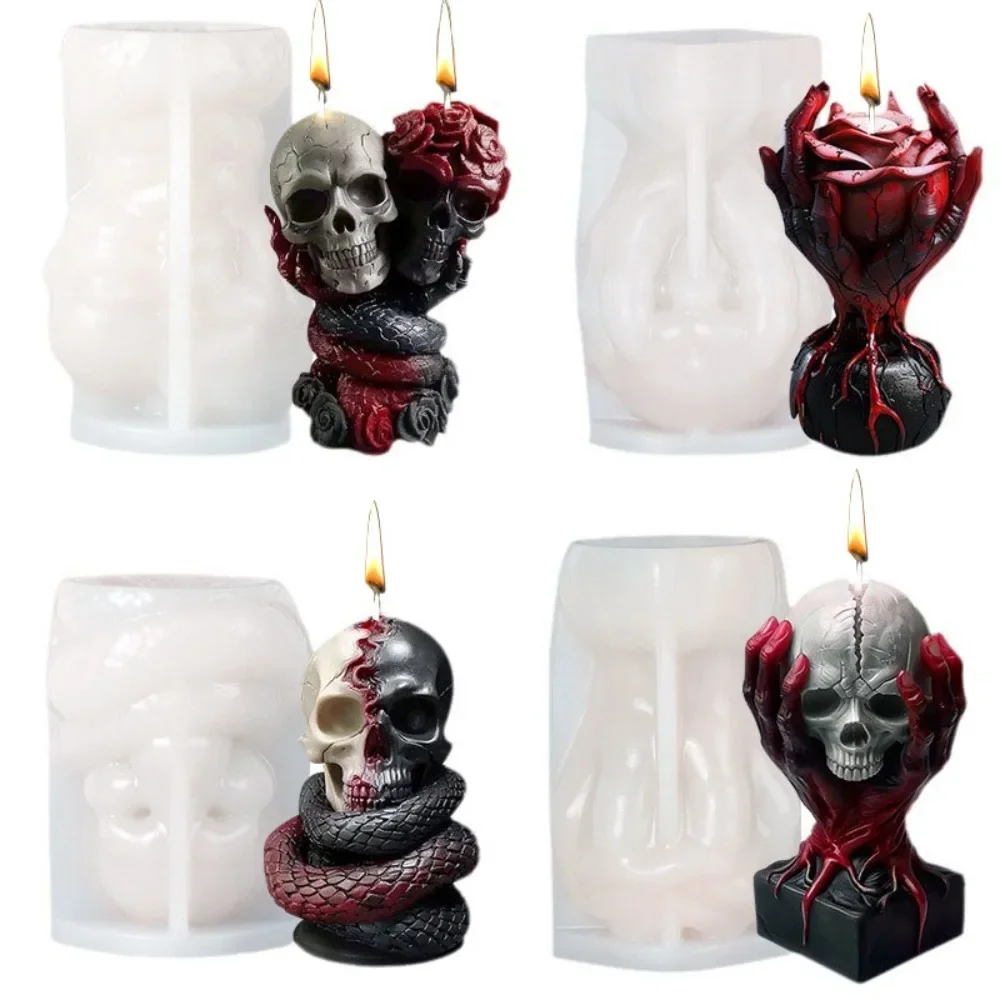 3D Skull Aroma Candle Silicone Molds DIY Halloween Skull Snake Creative Pendant Candle Mold Home Decor