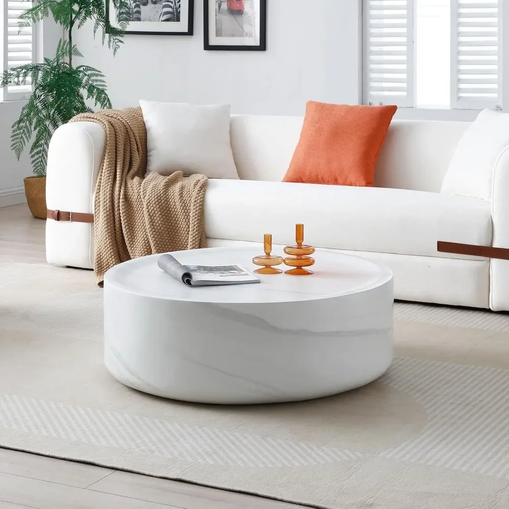39.37 inch round coffee table, modern marble textured coffee table, fiberglass drum shape, no assembly required (white) 3