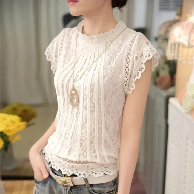 Women's Lace Blouse Short Petal Sleeve O-neck Casual Shirt White Tops Elegant Solid Summer Fashion2025 New 01C 35