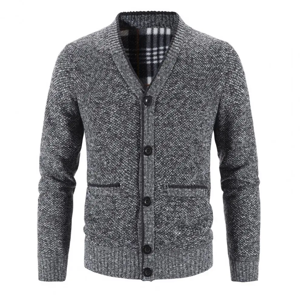 Brand Men Knitted Coat Solid Color V Neck Autumn Winter Fashion Thicken Plush Warm Cardigan Sweater for Outdoor Daily Wear 2024