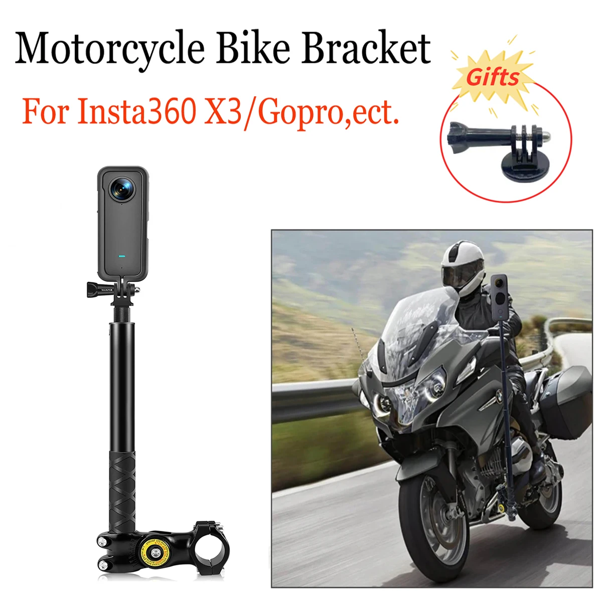 

Bicycle Motorcycle Bracket for Insta360 X3 One X2 with Invisible Selfie Stick for GoPro 12 11 DJI Action 4 3 Cameras Accessories
