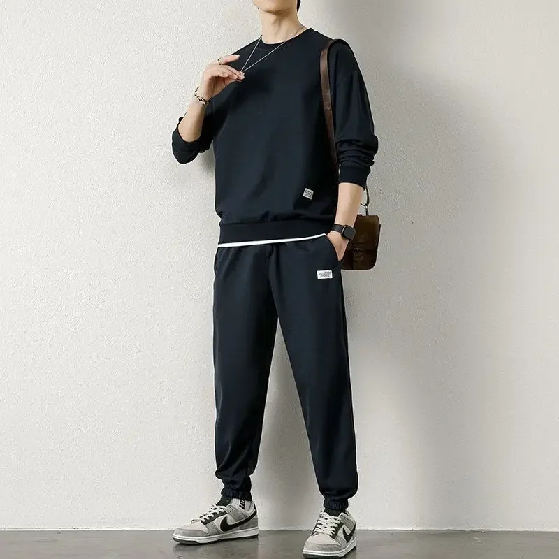 Autumn Winter Round Neck Waffle Loose Casual Sweatshirt Elastic Waist Sweatpants Suit Male Solid Color Pants Set Men's Clothing
