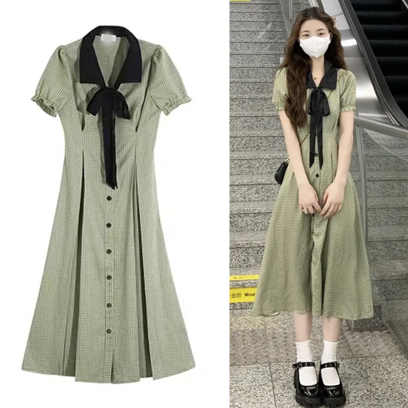 

Green Dresses for Women Plaid Bow Turn-Down Collar French Vintage Short Sleeve High Waist A-Line Summer Vestido