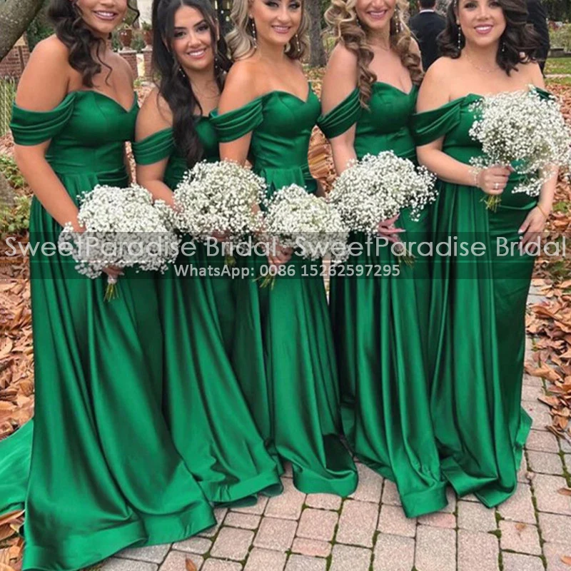 

Sexy Long Bridesmaid Dresses Off Shoulder Pleat A Line Green Stain Plus Size Wedding Guest Dress Party For Women