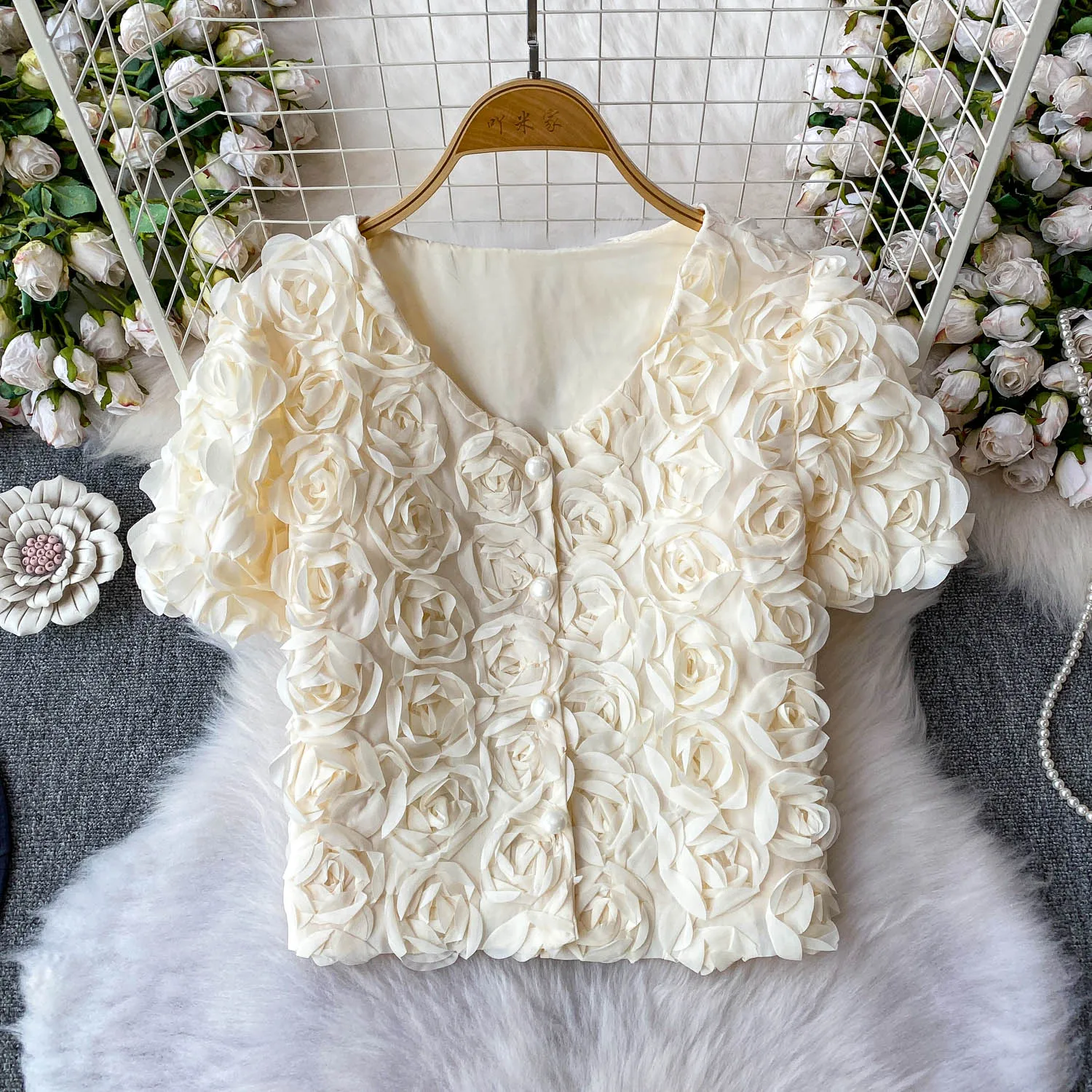 Chic Women 3D Flowers V-neck Bubble Sleeve Shirts Summer Fairy