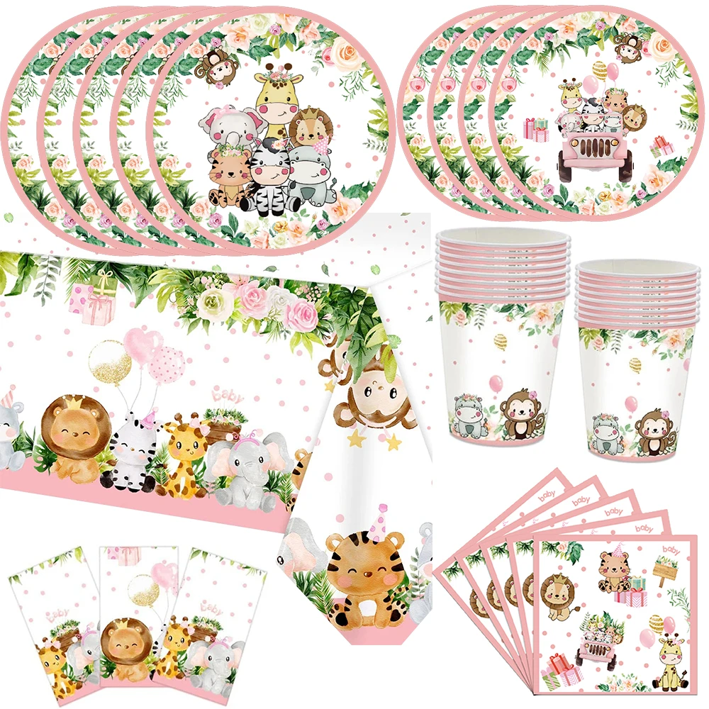 

Pink Jungle Animal Safari Birthday Party Supplies Include Paper Cup Plate Banner Tablecloth Cake Topper for Kid Girl Baby Shower