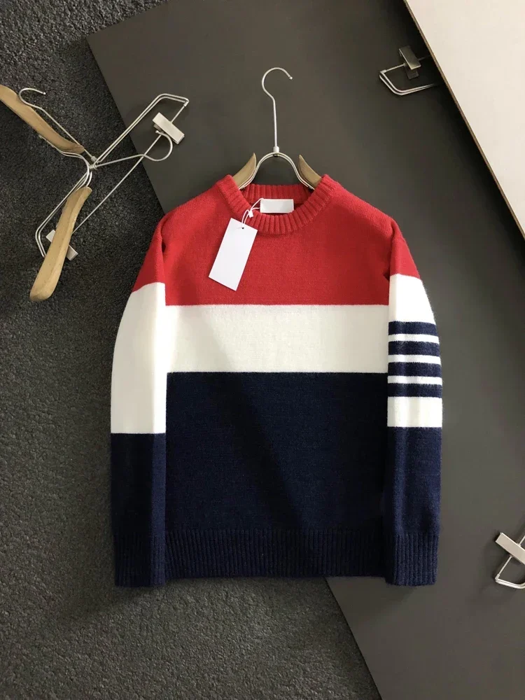 

TB Thom Men's Pullover Sweaters 2023 Korean Fashion Rwb Stripe Multi-color Splicing Sweaters For Men Casual Knitted O-neck Tops