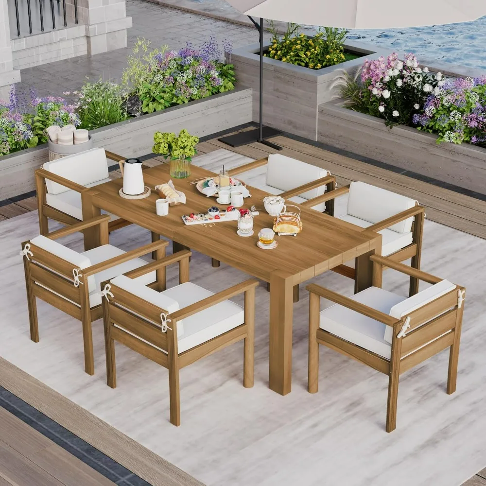 Outdoor 7-Piece Patio Dining Table Set, All-Weather Rectangle Table and 6 Chairs Set with Umbrella Hole and Removable Cushions