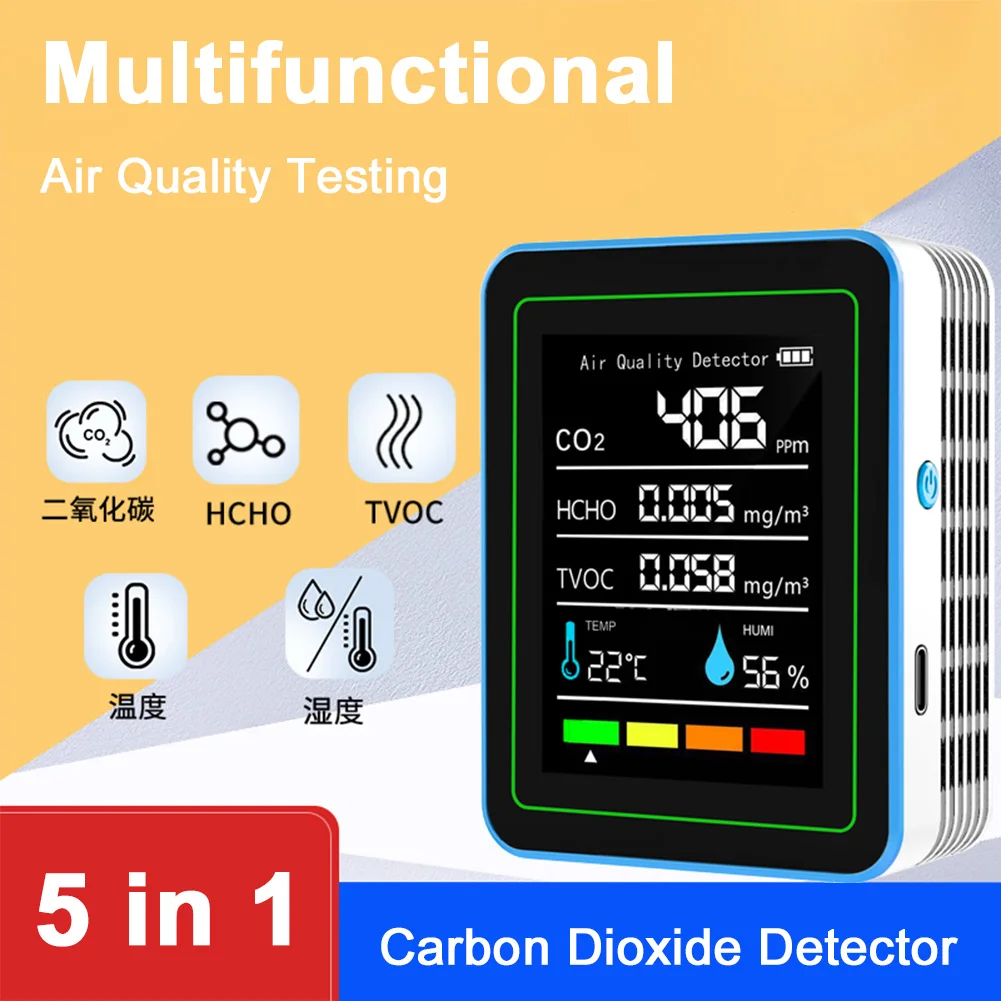 5-in-1 Air Quality Monitor Indoor Air Quality Meter USB Charging CO2 Detector Portable Tester for Home Office School