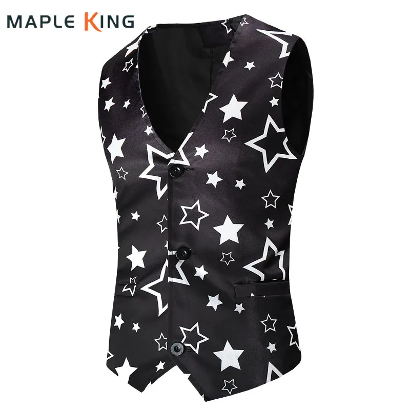 

Steampunk Mens Black Suit Waistcoat Fashion Stars Print Party Dress Gilet Costume Homme Men Clothing Sleeveless Jacket Techwear