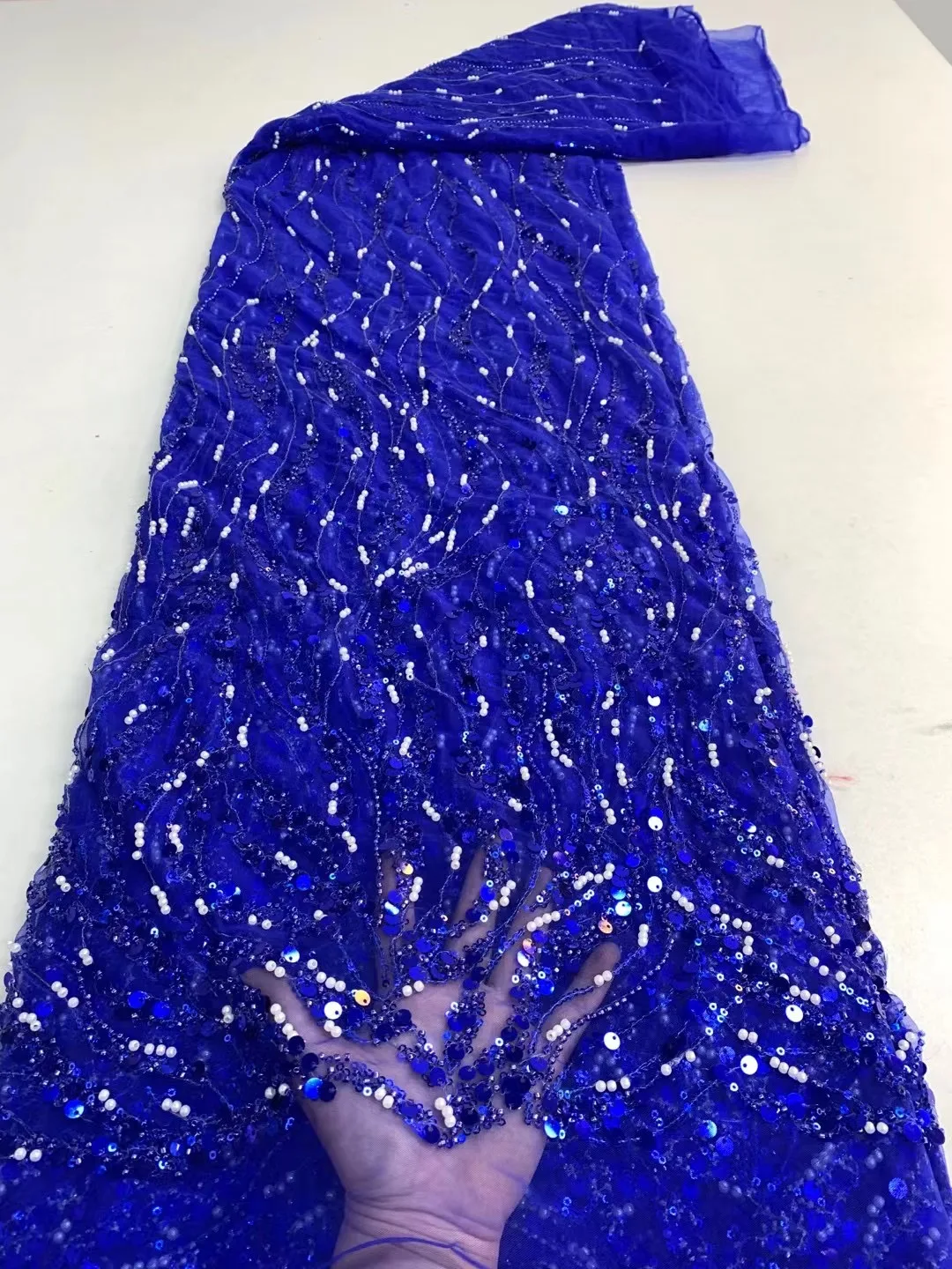 Latest Luxury Sequins Tulle Lace African Handmade Beaded Lace French 2022 High Quality Fabric Nigeria Bride Wedding Dress Sew