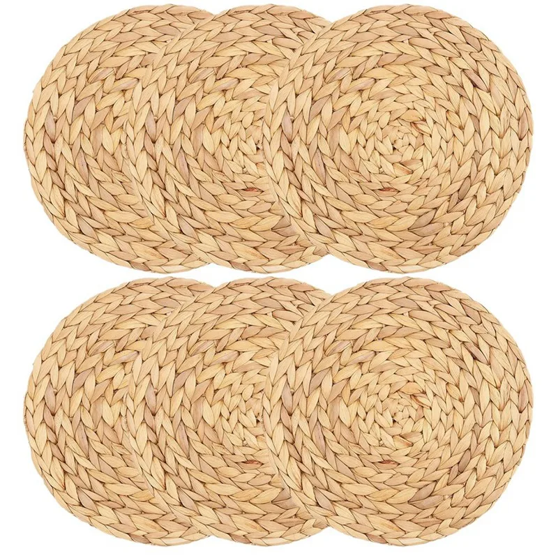 

New Round Woven Placemats, Water Hyacinth Woven Rattan Placemats Round Braided Rattan Tablemats Non-Slip Insulation Pads